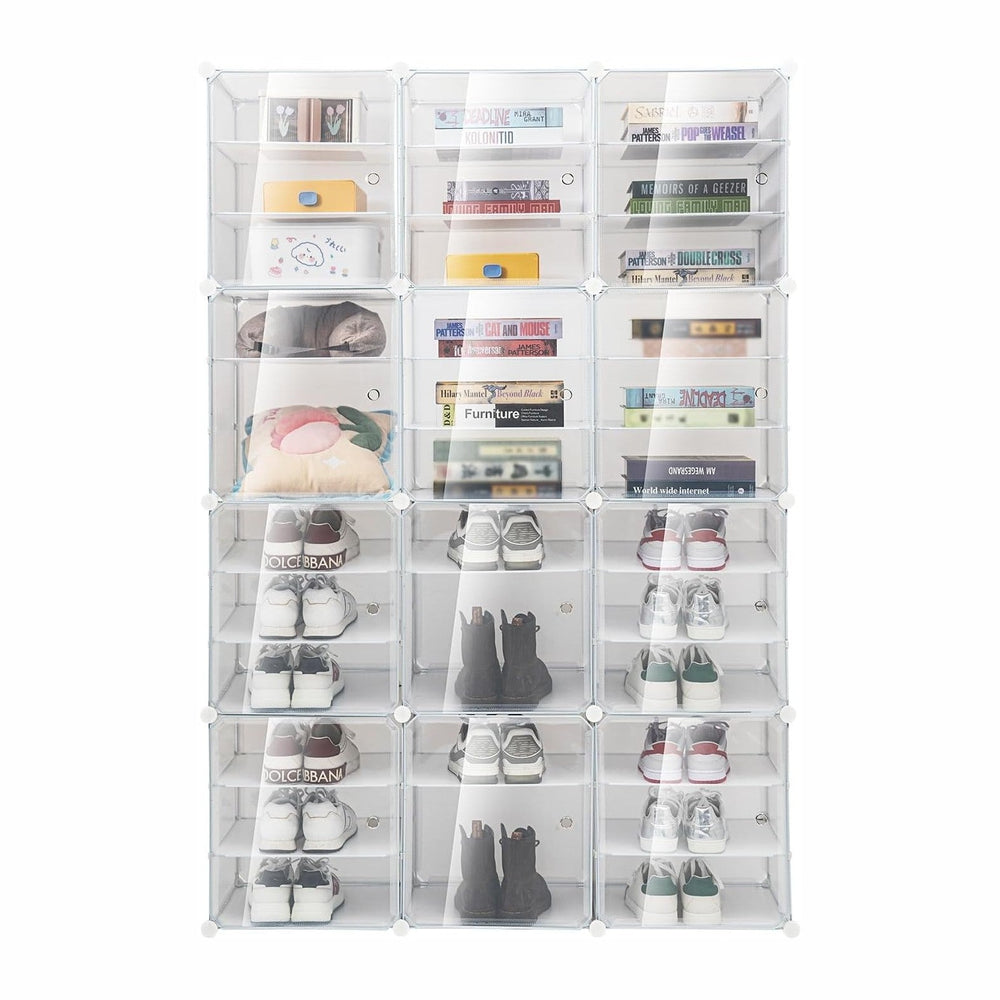TENNIX 72 Pairs Foldable Shoes Box, 12 Tiers Clear Plastic Stackable Shoe Org...
