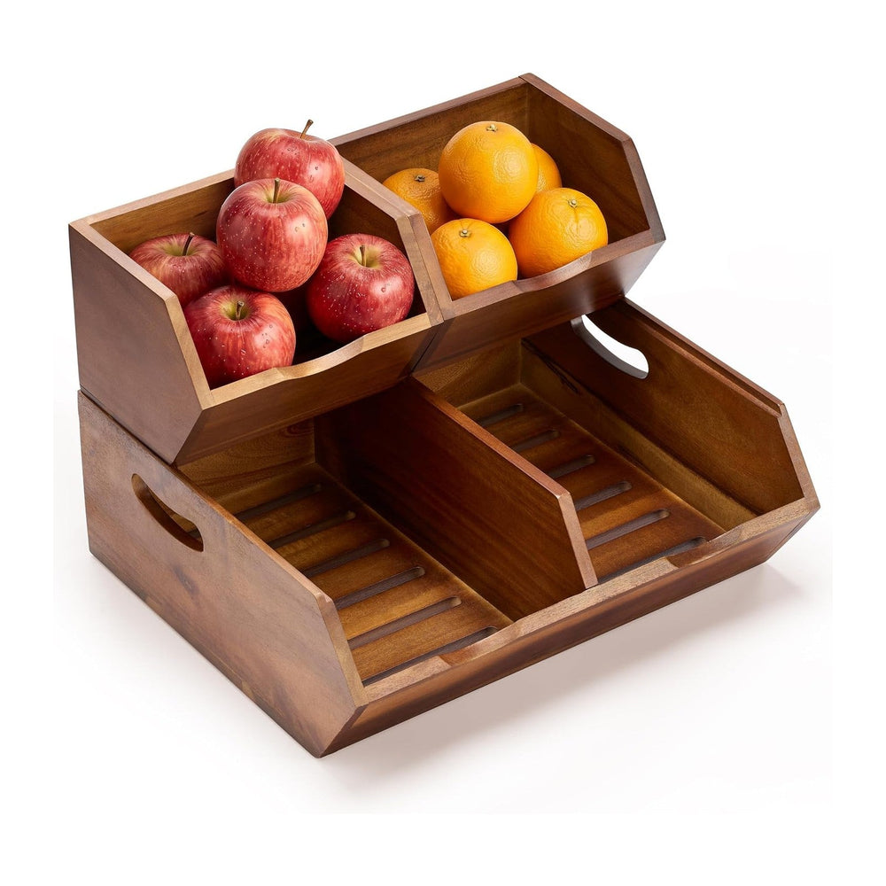 Tidita Wood Potato and Onion Storage Bin, Set of 3, Stackable, Walnut Color