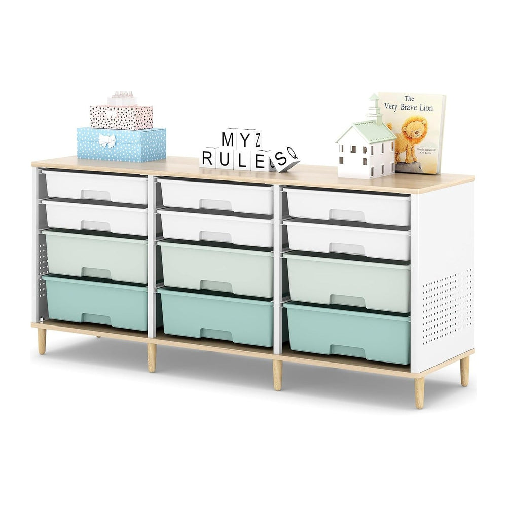 TOOLF 12 Drawers Storage Cabinet with Wooden Top and Plastic Bins,Green