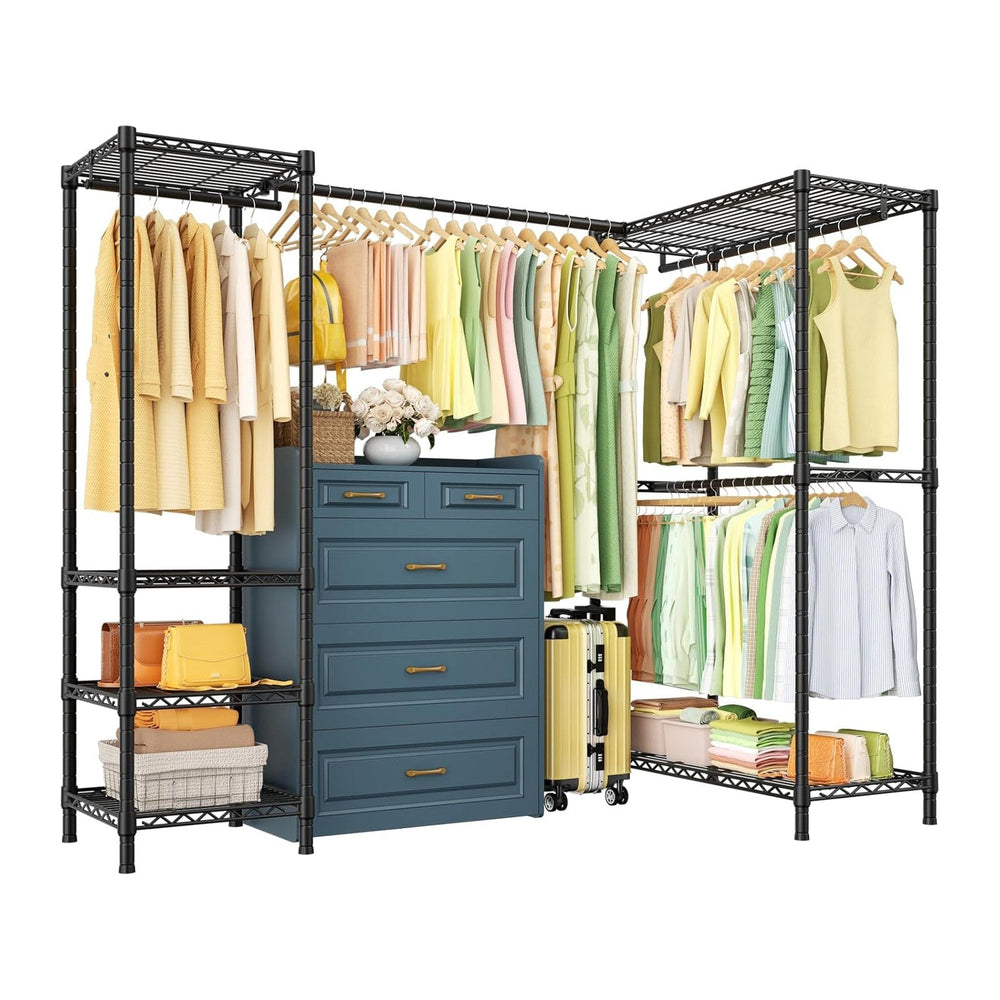ULIFHOME E10L L-Shaped Clothes Rack for Corner（With Expandable Hanger Rod）Hea...