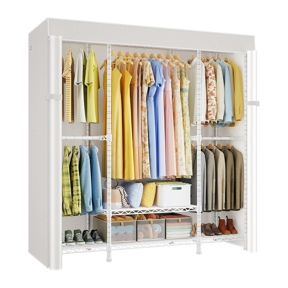 ULIFHOME E3C White Clothes Rack with Beige Cover, Heavy Duty Garment Rack