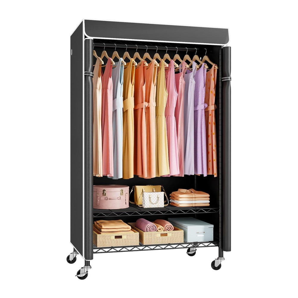 ULIFHOME P6C Rolling Clothes Rack with Cover, 3-Tier Covered Clothing Rack