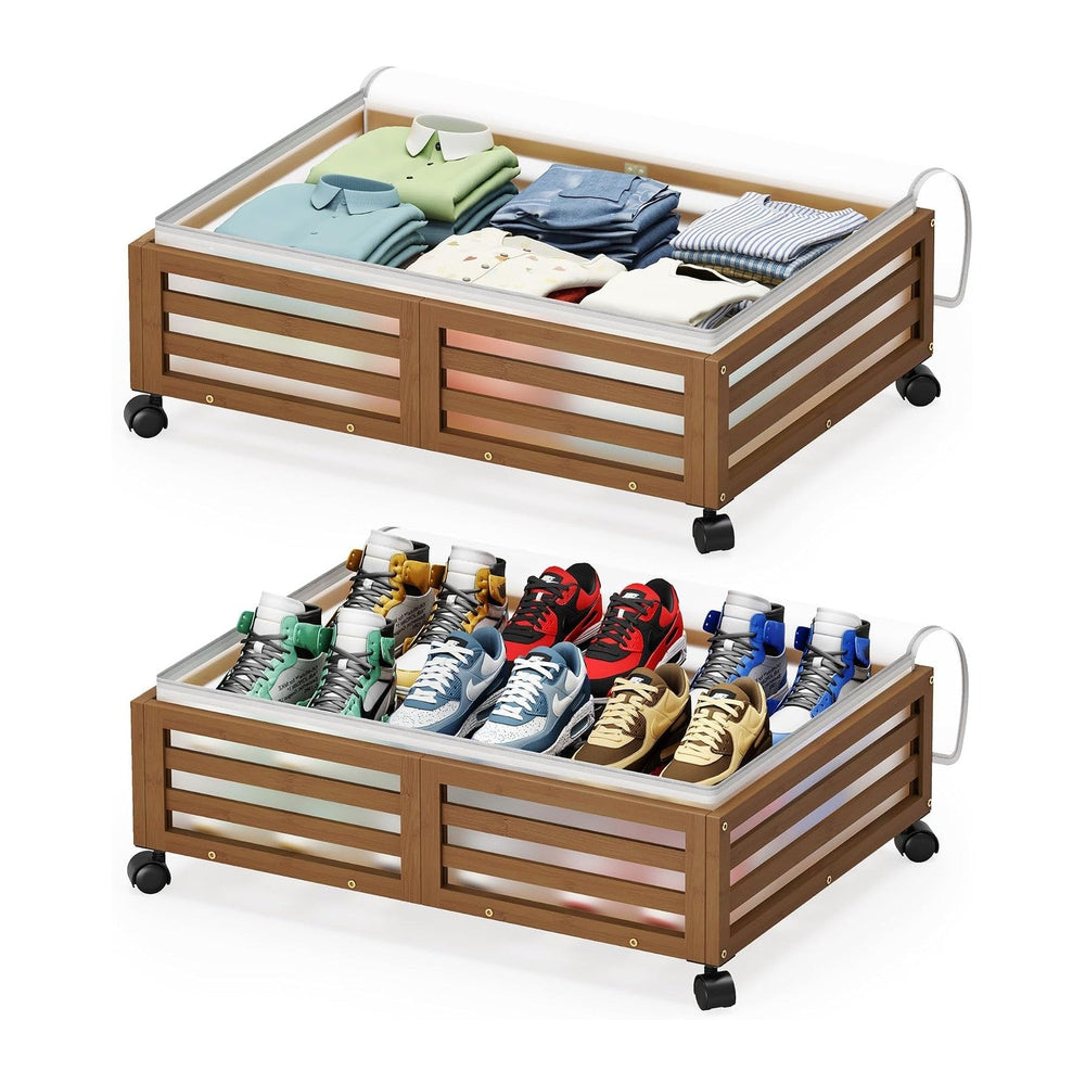 Under Bed Storage with Wheels, 2 Pack Bamboo Drawers for Shoes and Clothes