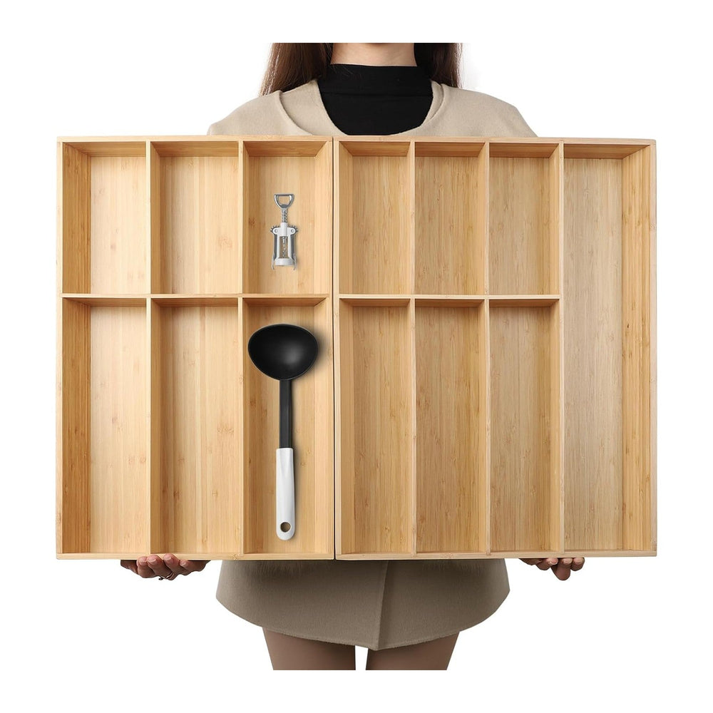 V-Shaped Extra Large Bamboo Drawer Organizer Set of 2, Kitchen Cutlery Tray