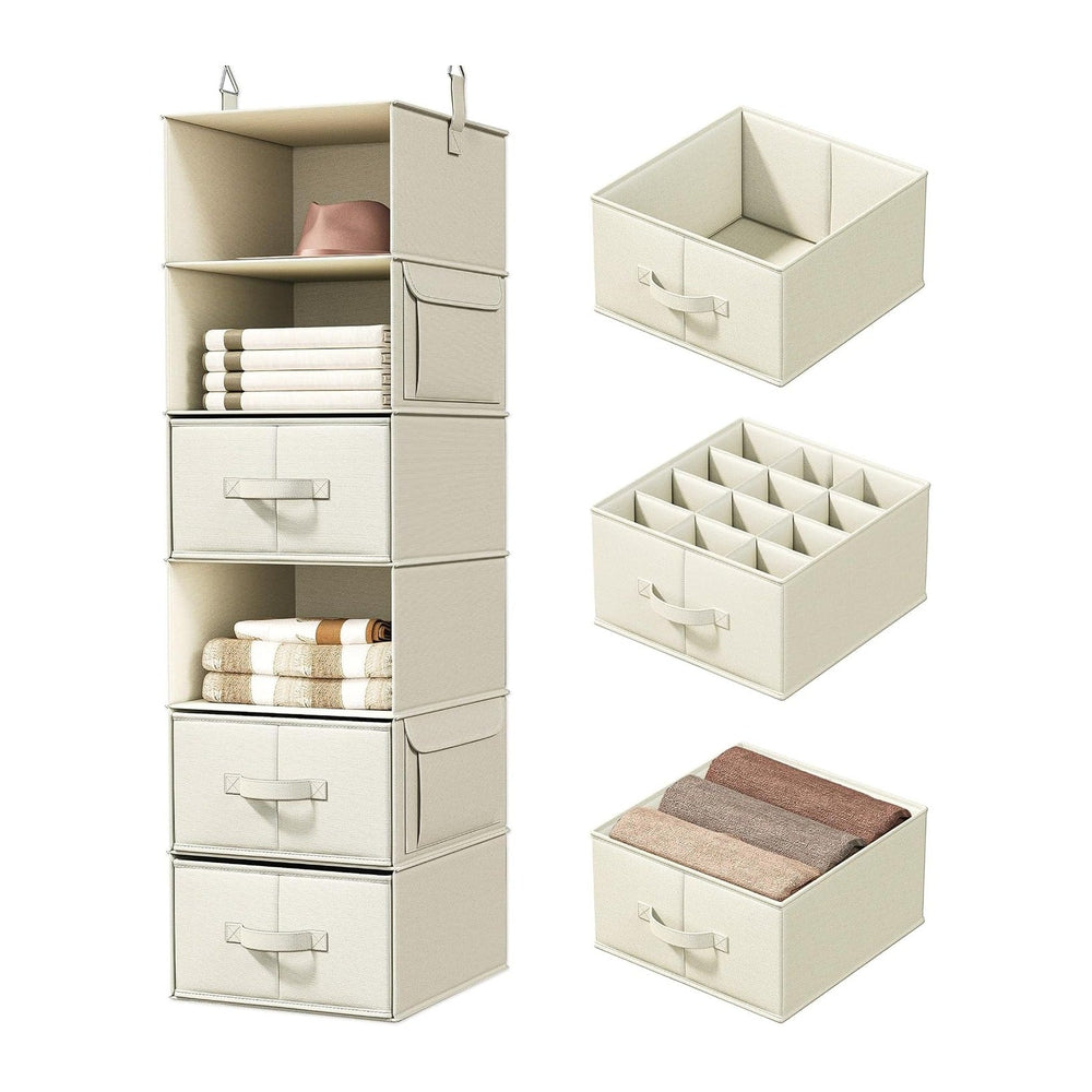 Vailando 6-Shelf Hanging Closet Organizer with 3 Fabric Drawers, Beige