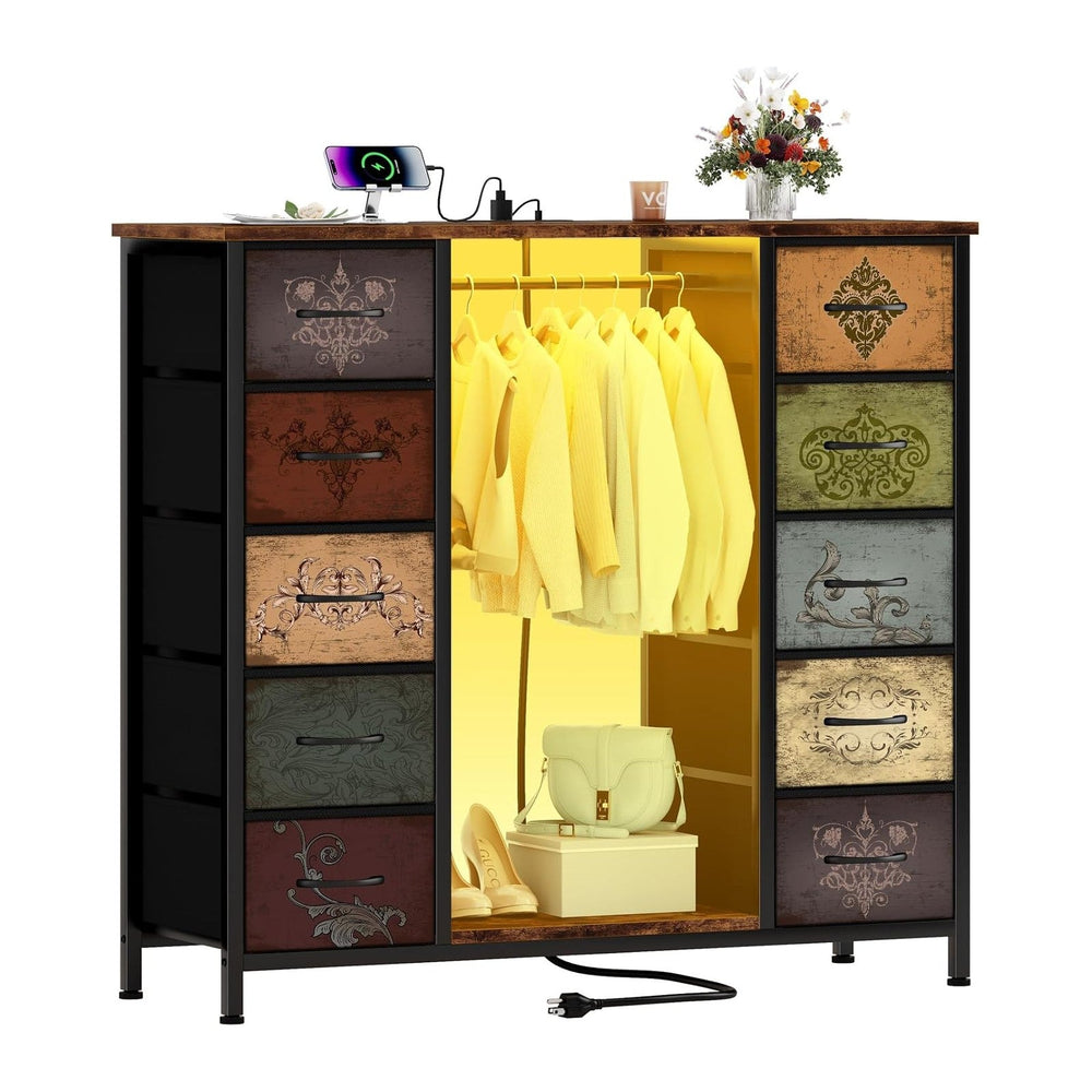 VASICAR Tall Dresser for Bedroom with Hanging Rack, 10 Drawers TV Stand