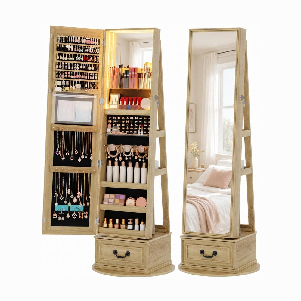 Vlsrka Mirror Jewelry Cabinet Standing with Lights, Lockable, Swivel, Wood
