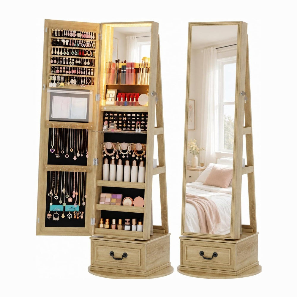 Vlsrka Mirror Jewelry Cabinet Standing with Lights, Lockable, Swivel, Wood