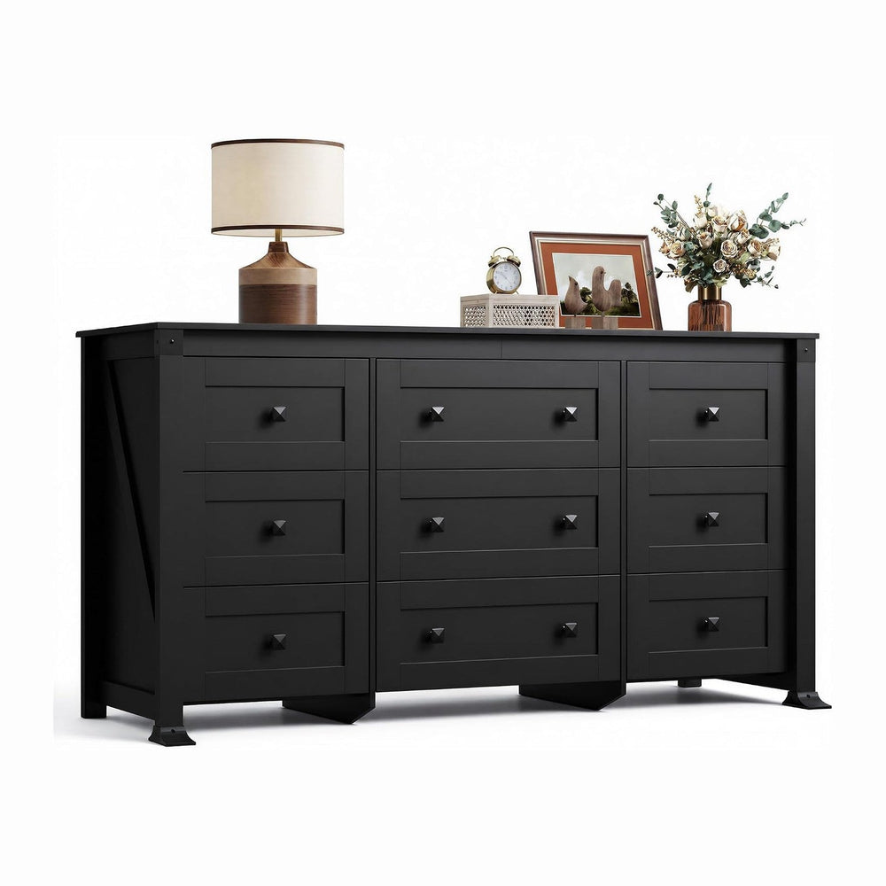 WLIVE 9 Drawer Dresser Black, 62" Wide Wooden Chest with Anti-Tip Structure