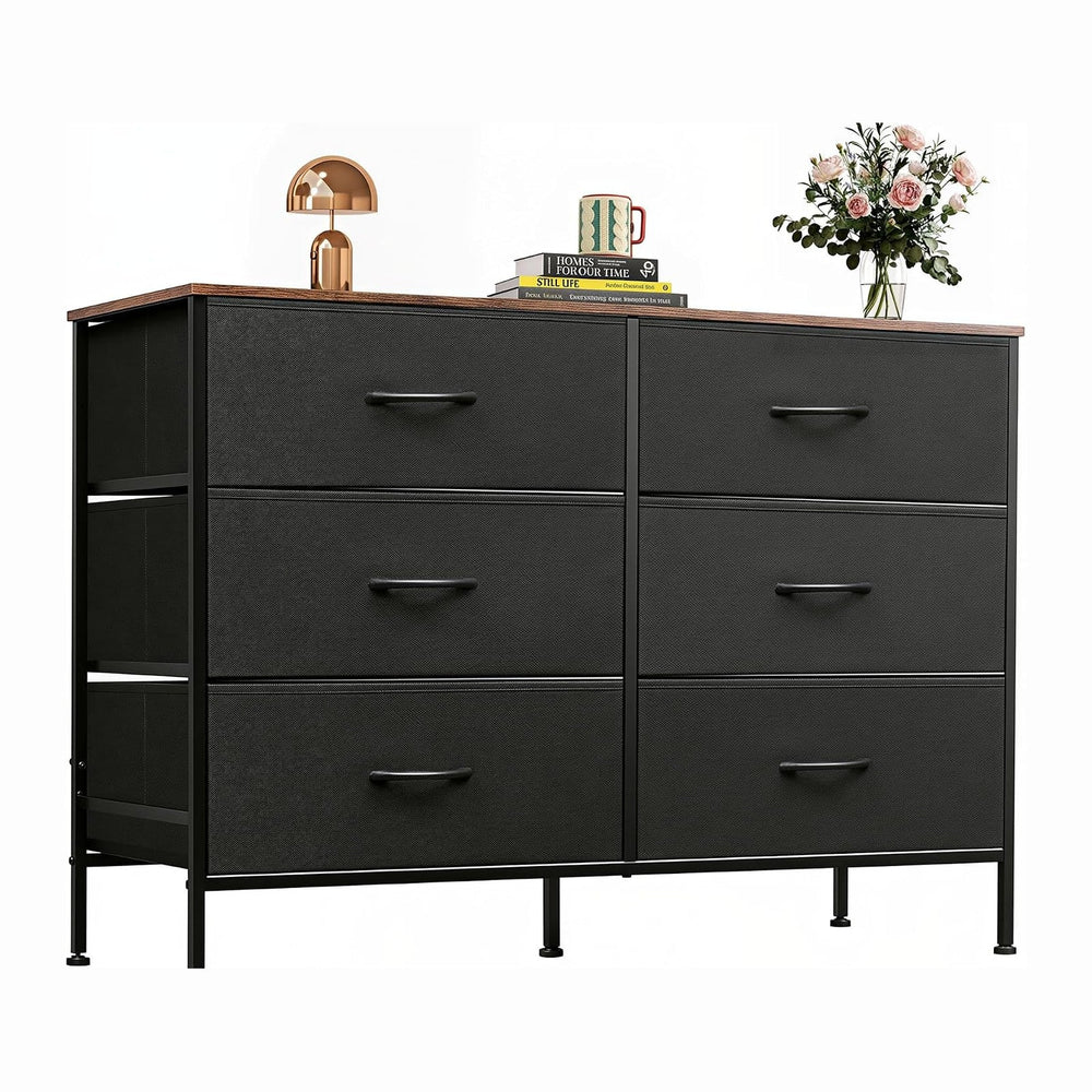 WLIVE Dresser for Bedroom with 6 Fabric Drawers, Black and Rustic Brown