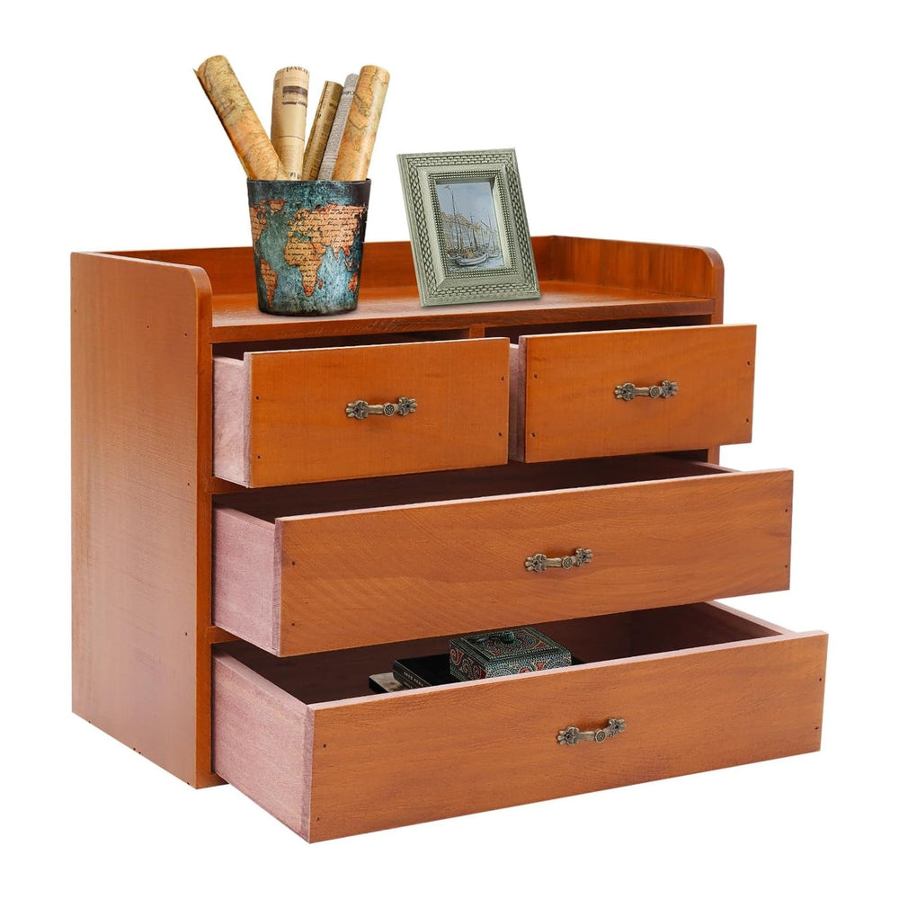 Wood Desktop Organizer with 4 Drawers Countertop Desk Storage Cabinet Retro W...