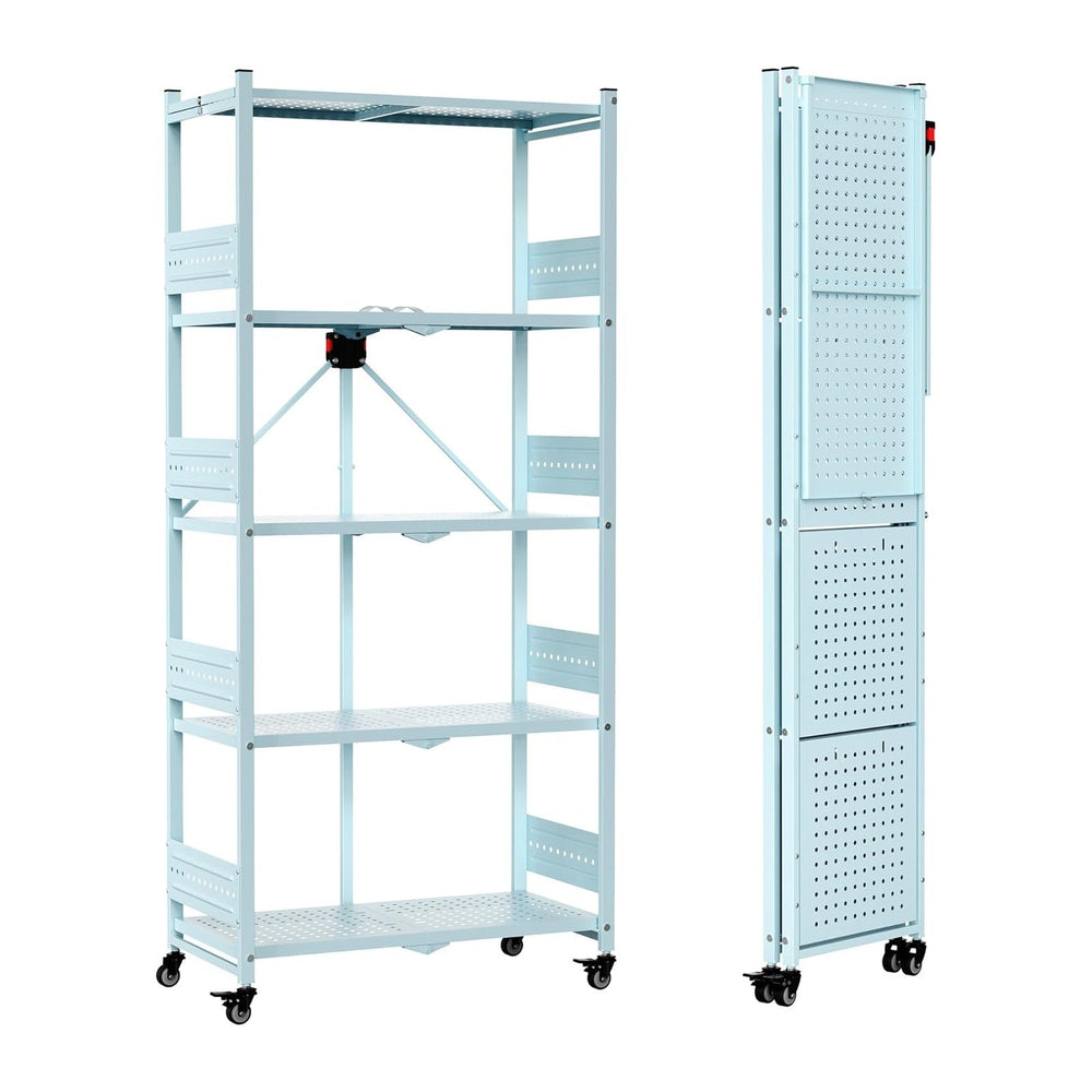 WORKPRO 5-Tier Folding Shelf, No-Assembly Metal Storage Rack with Wheels, 750...