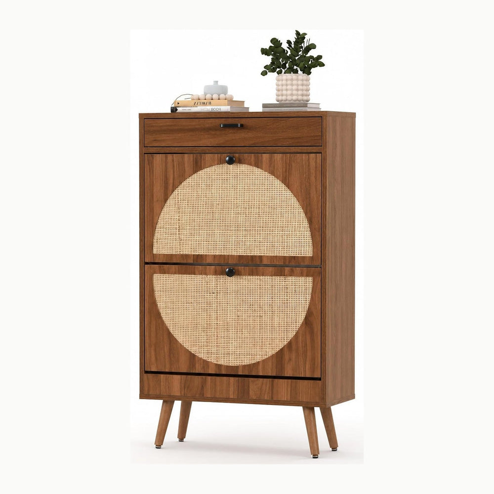 XIAO WEI Rattan Shoe Cabinet, Semi Circle, 2 Flip Drawers, Warm Walnut