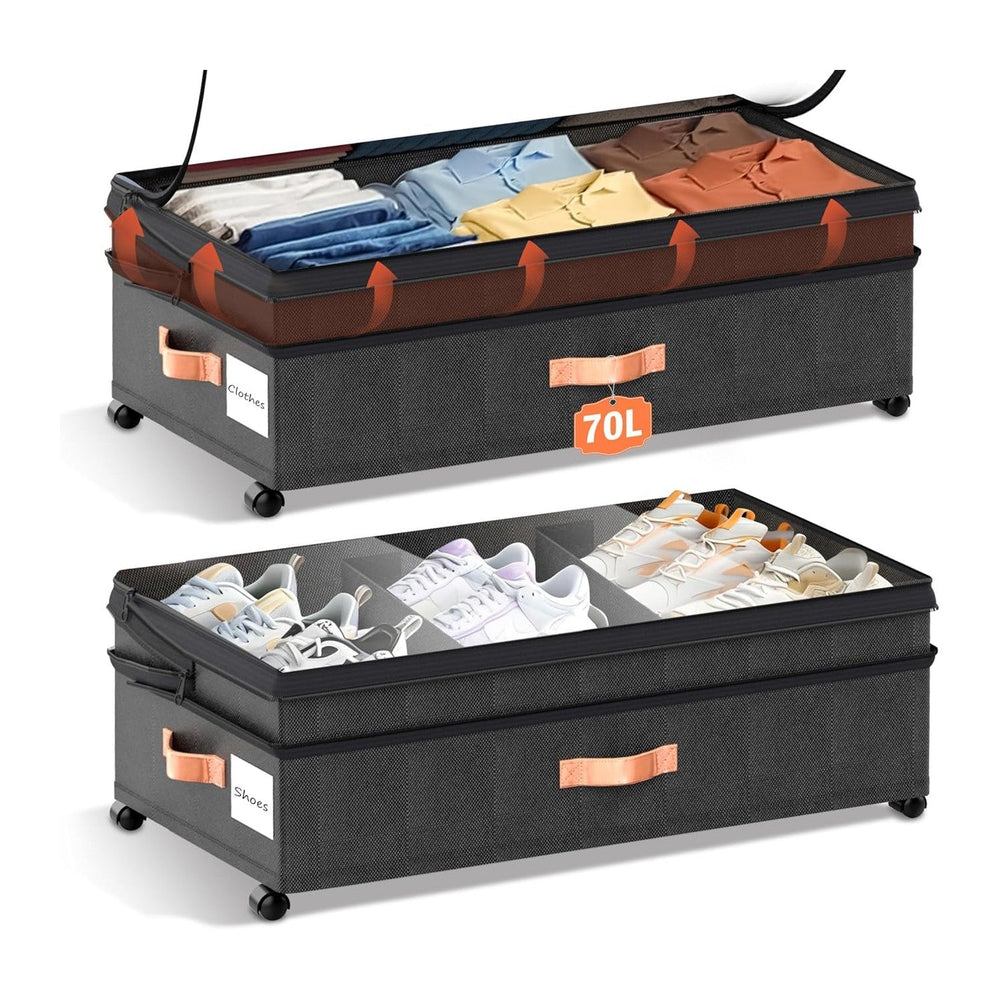 XXL Under Bed Storage with Wheels, 2 Pack 70L Extra Large Rolling Organizer, ...
