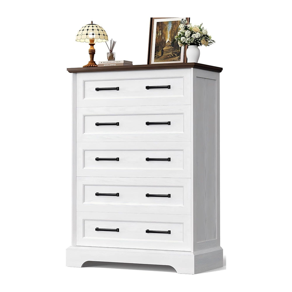 YESHOMY Tall Dresser for Bedroom, Farmhouse 5 Drawers Dresser, White&Brown
