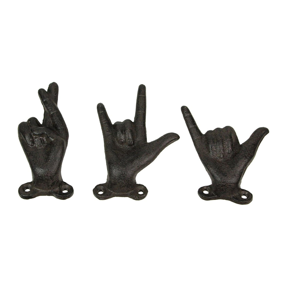 Zeckos Set of 3 Hand Gesture Wall Hooks, Brown Distressed Cast Iron, 4 Inch